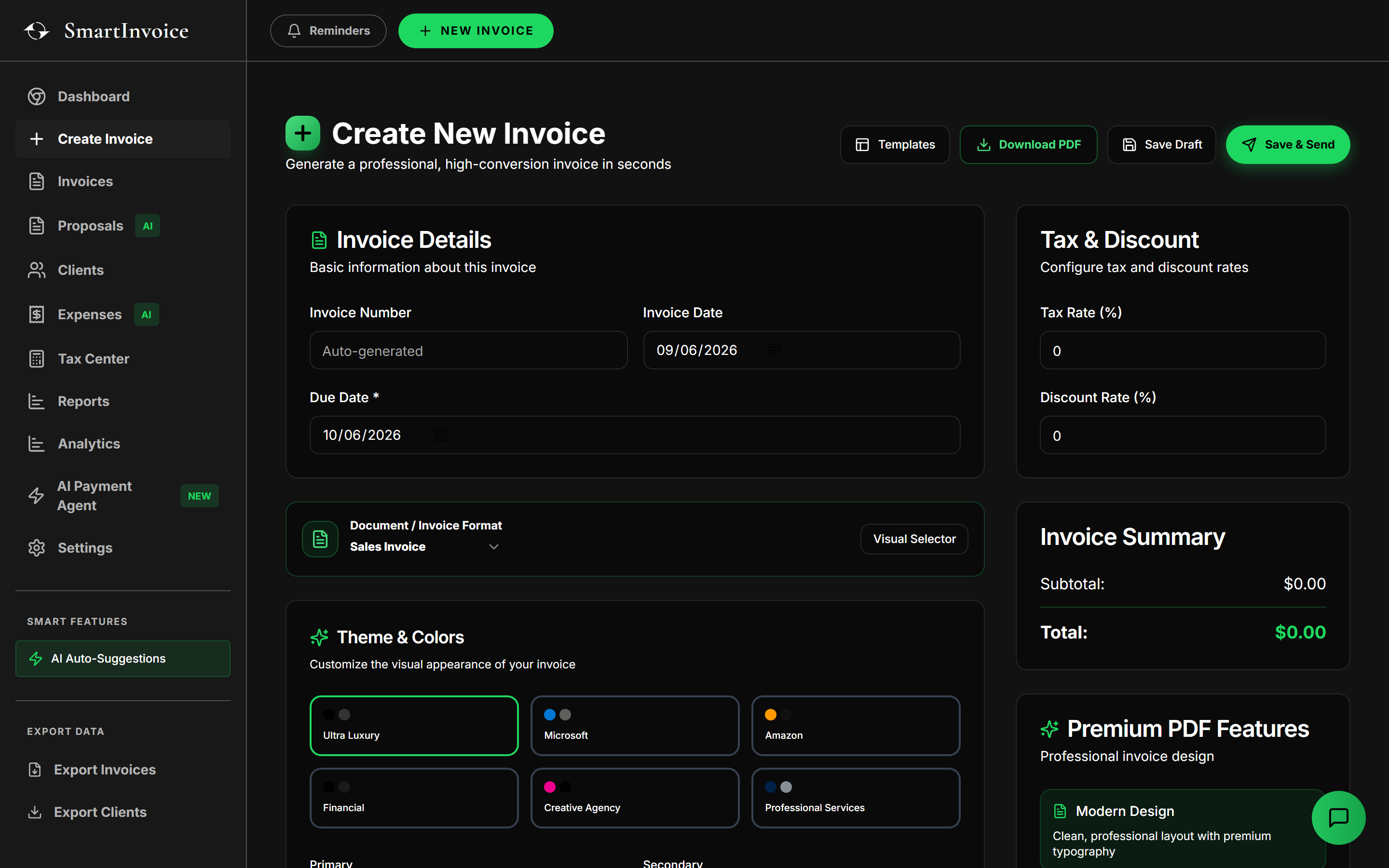 Create New Invoice Dashboard